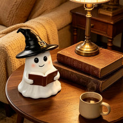 resin ghost in a witch hat holding an open book, usb powered night light - product photo 3 of 8