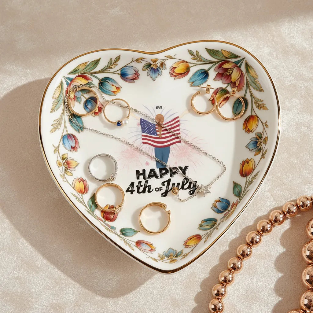 Custom  Photo Ceramic Trinket Tray with Colorful Tulip Floral Border-Happy 4th of july