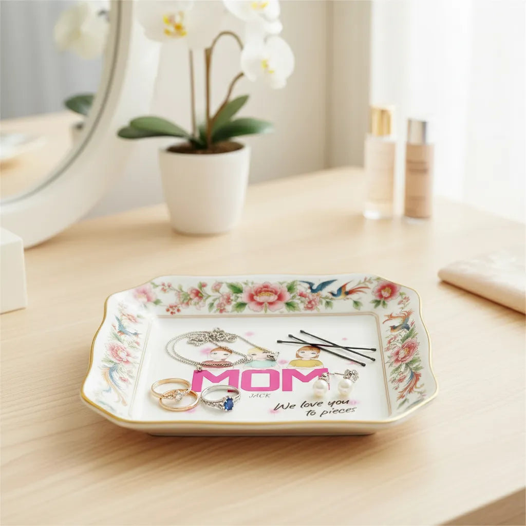 Custom Photo Ceramic Trinket Tray with Elegant Floral and Phoenix Bird Border - Mom we love you to pieces