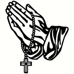 Black metal cut out of praying hands with a rosary and cross, full size on white