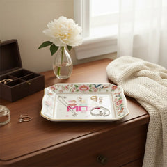 Custom Photo Ceramic Trinket Tray with Elegant Floral and Phoenix Bird Border - Mom we love you to pieces