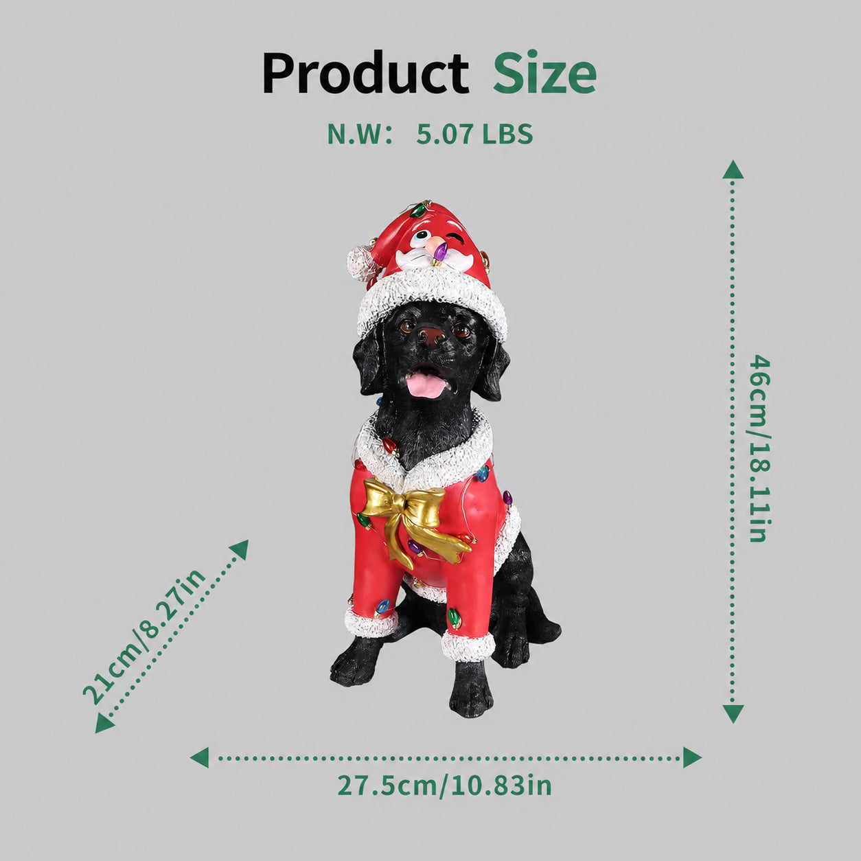 Size diagram of the Black labrador retriever Christmas statue with height, width and depth measured in inches and its weight in pounds