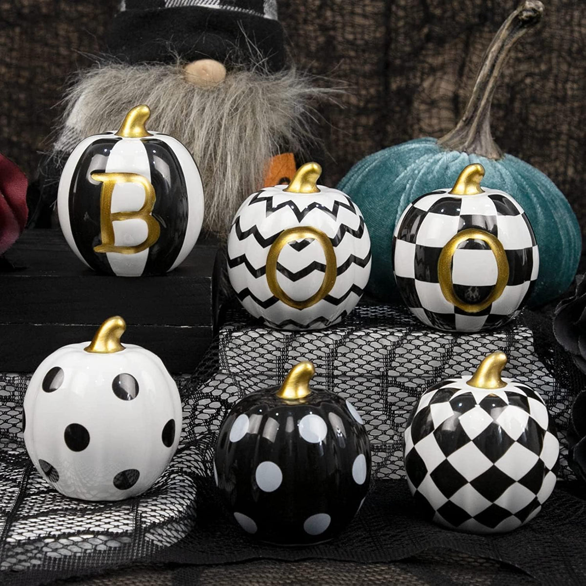 six ceramic pumpkins in black and white with gold stems - product photo 4 of 6