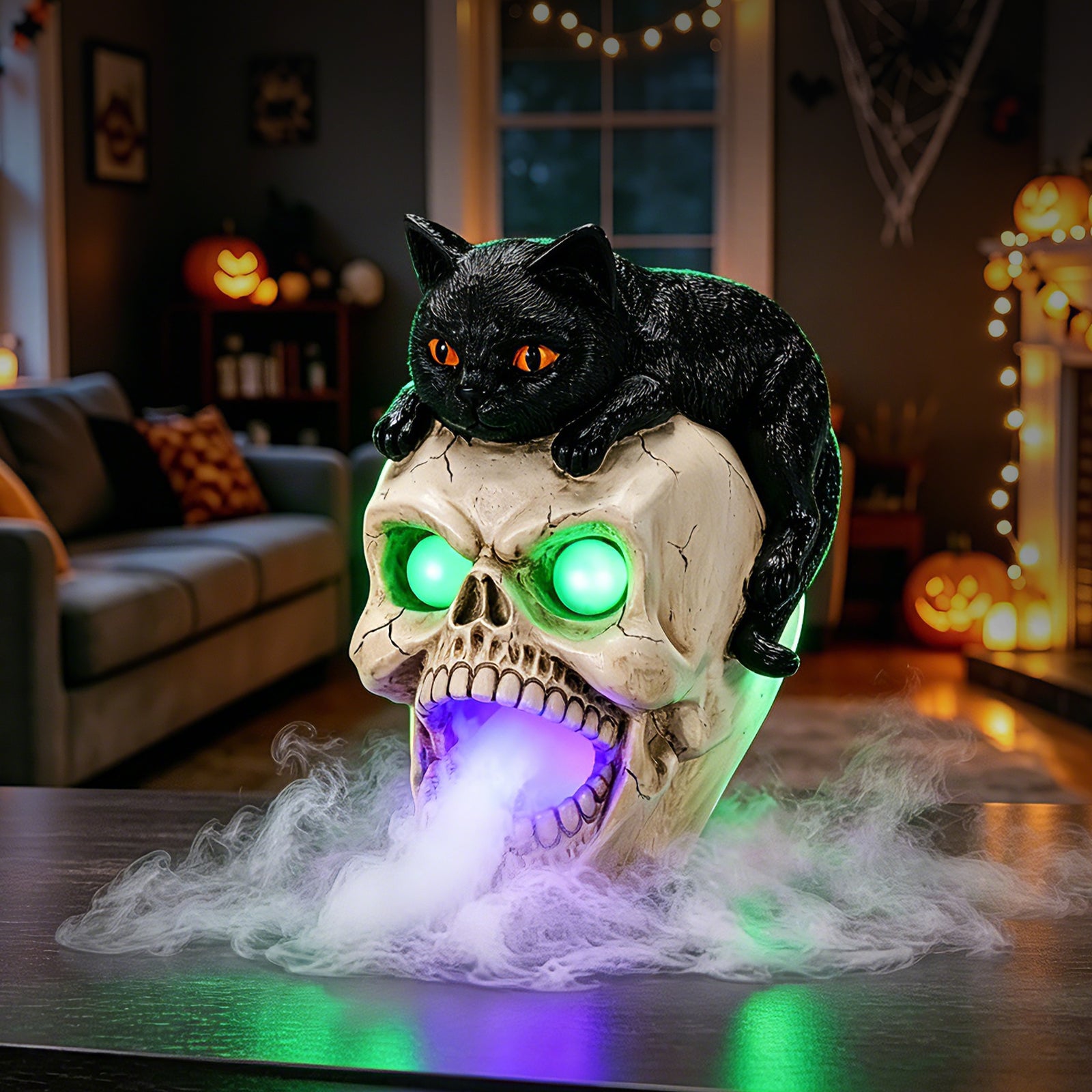The same black cat and skull light up decor from a second angle with green eye lights and purple light inside the mouth