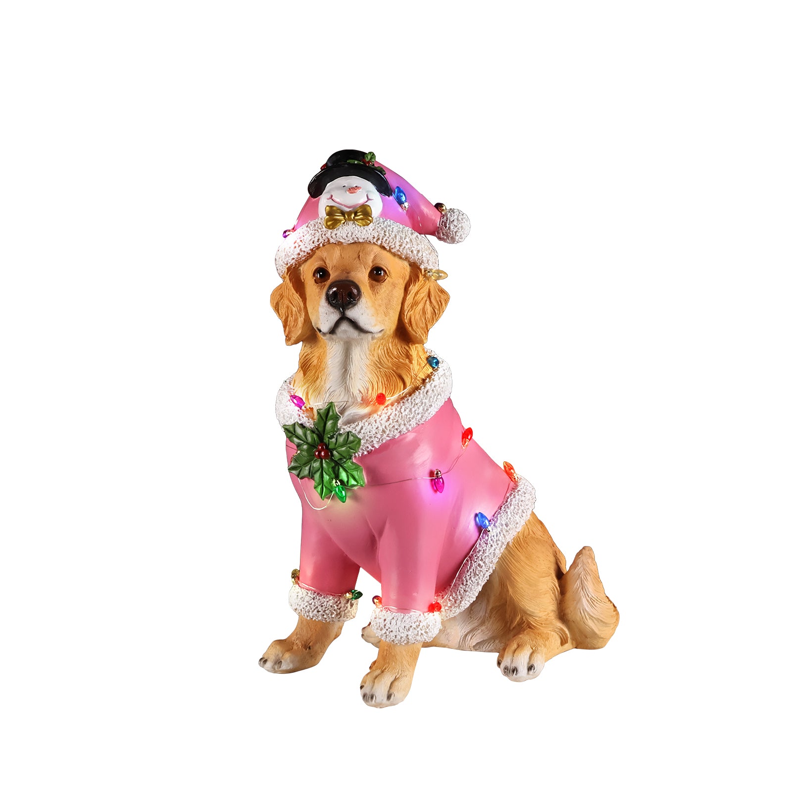 Golden retriever Christmas statue in the pink Santa coat on a white background, three quarter view, with the light bulbs on the coat