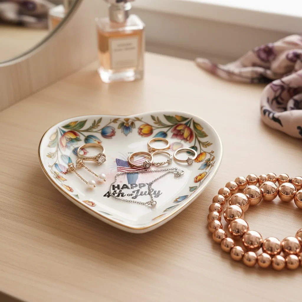 Custom  Photo Ceramic Trinket Tray with Colorful Tulip Floral Border-Happy 4th of july