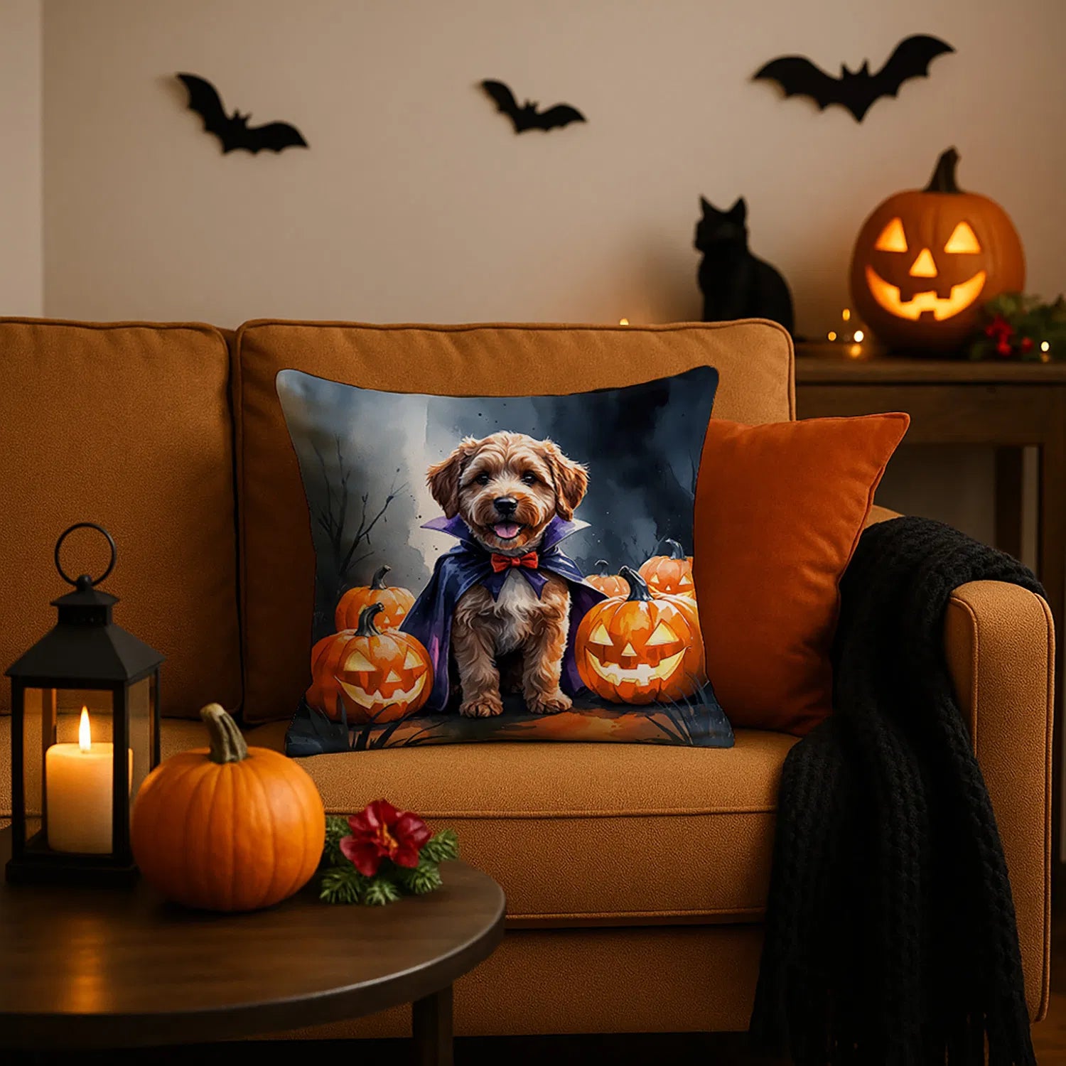 chocolate labradoodle halloween throw pillow with insert - product photo 2 of 8