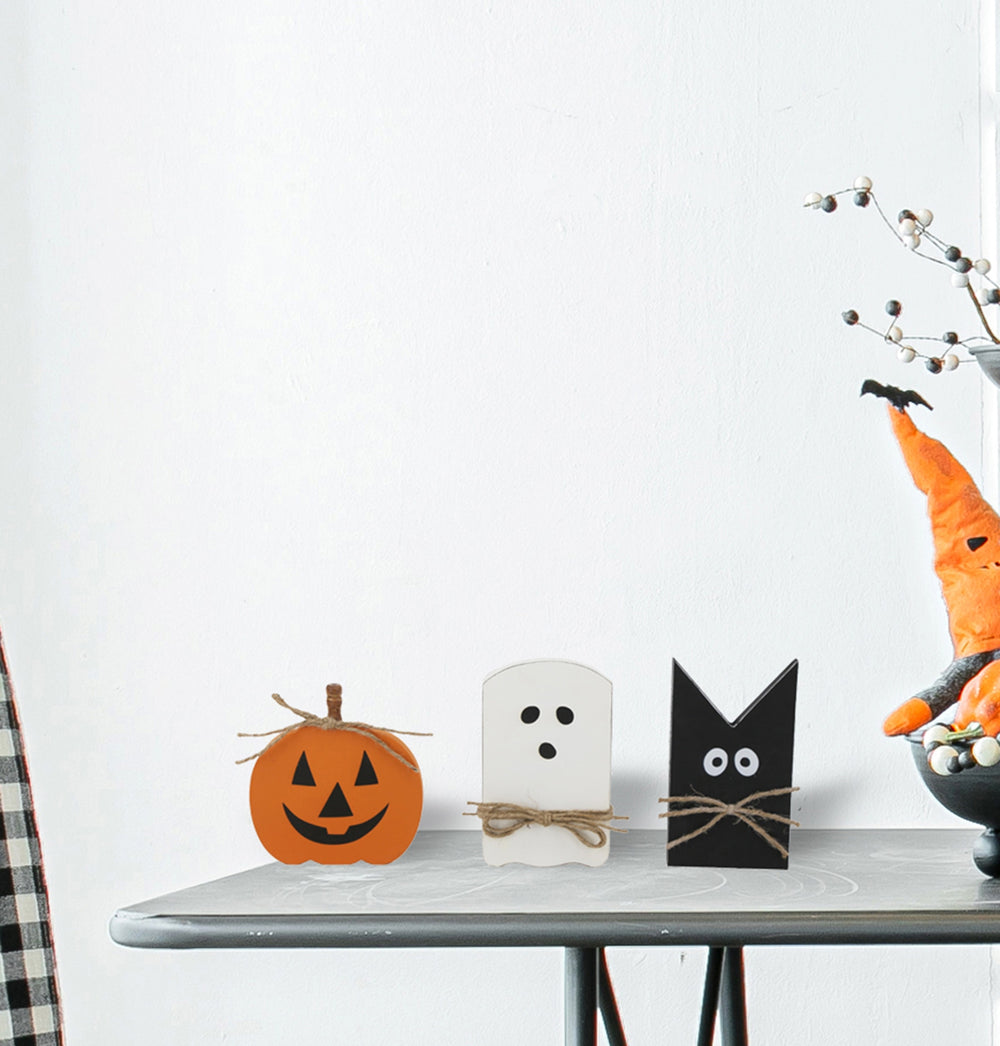 set of 3 flat MDF table decor pieces with pumpkin, ghost and bat cutouts - product photo 4 of 7