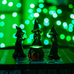 4 piece resin witch and cauldron figurines with built in green LED lights - product photo 5 of 8
