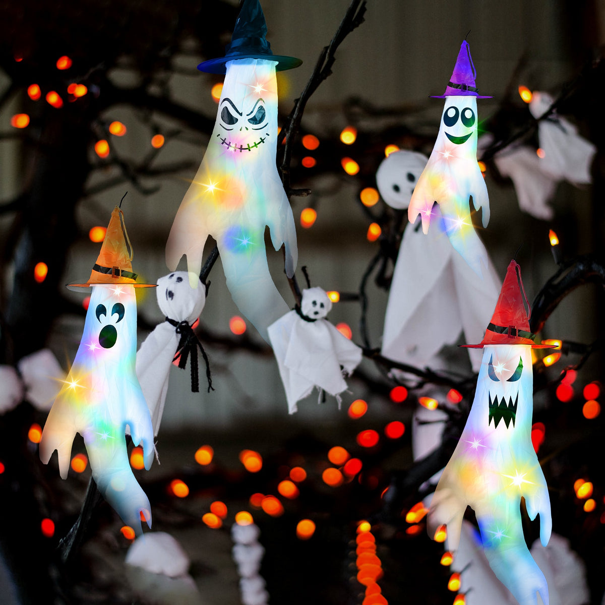 four ghost windsocks with witch hats and LED light strings - product photo 9 of 9