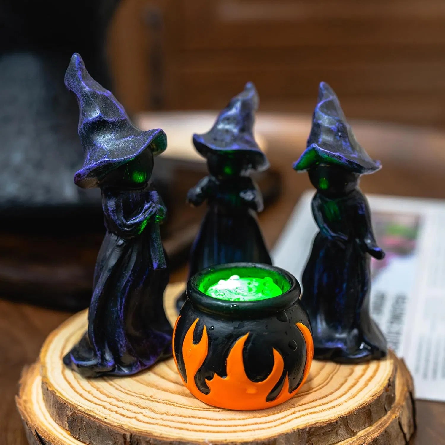 4 piece resin witch and cauldron figurines with built in green LED lights - product photo 2 of 8