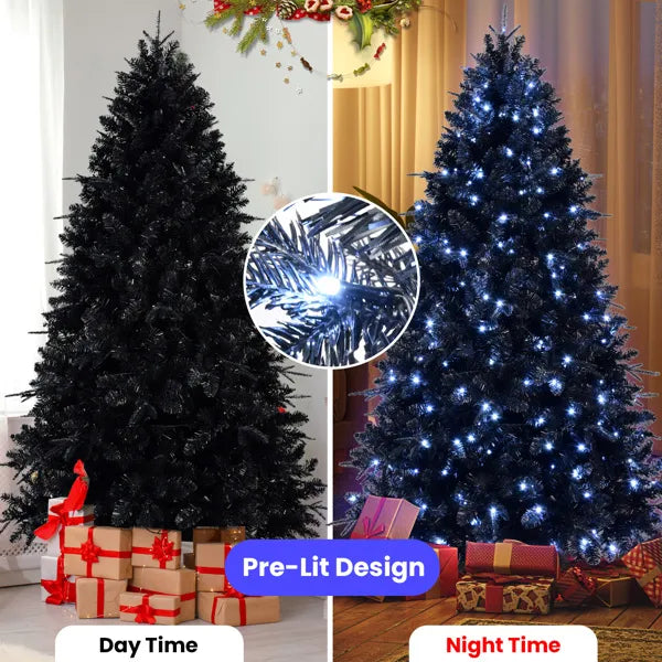 Black Christmas tree on a wall with Happy New Year lettering and red shelves