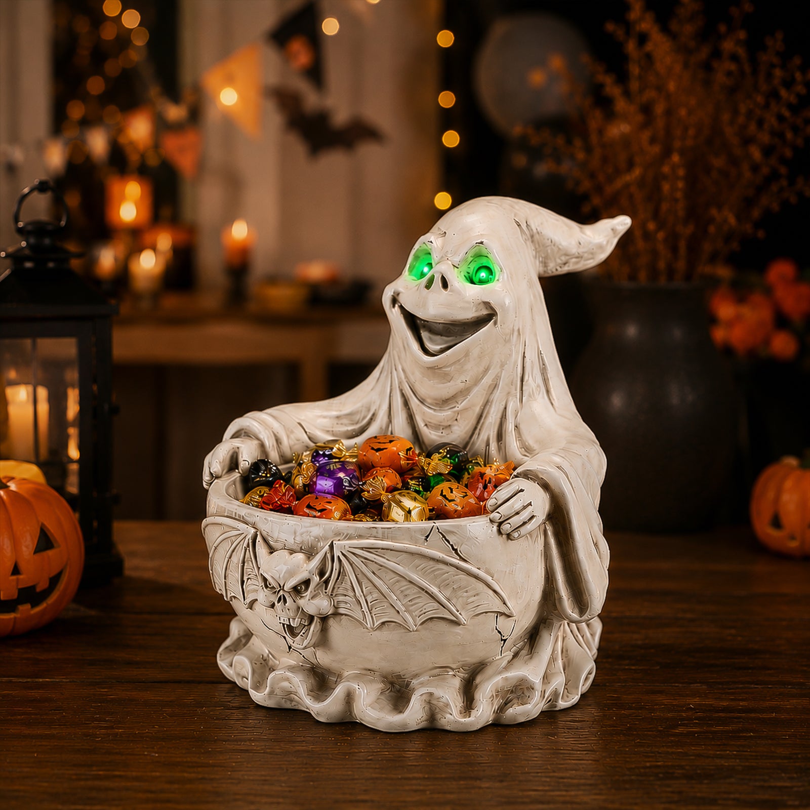 The same ghost and bat treat bowl from a second angle with glowing green eyes and a cracked stone finish