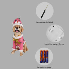 Panel showing what is included with the Labrador retriever statue: the batteries, the small screwdriver and the cover plate on the underside of the base
