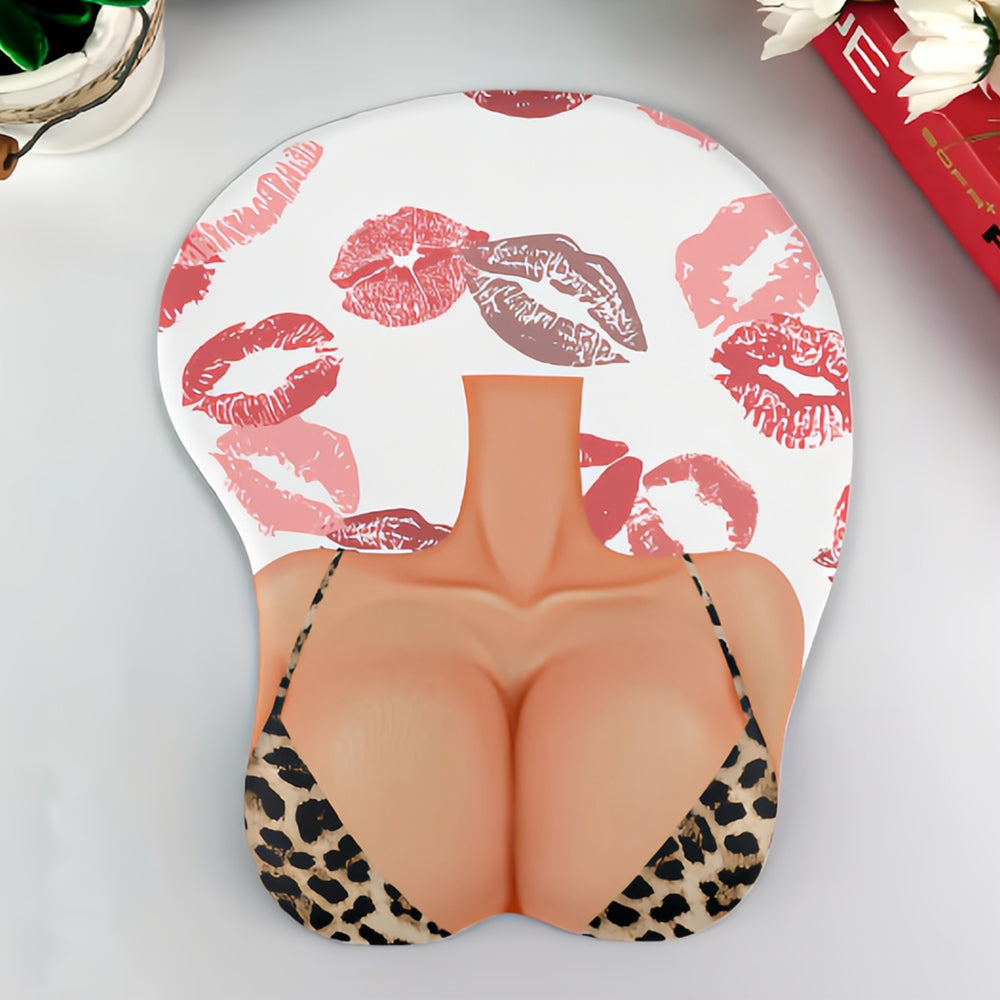 Novelty Ergonomic Mouse Pad with Wrist Support, Sexy Leopard Print Bikini 3D Chest Design, Perfect Gag Gift