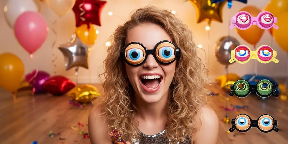 Wearer showing the spinning googly eye effect at a party
