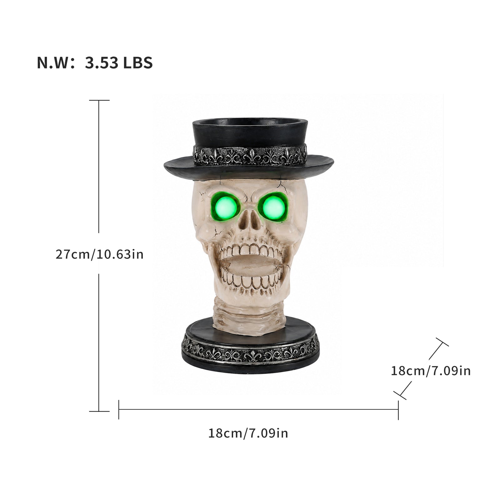 Size diagram of the skull candle holder with its height, width and depth measured in inches and its weight in pounds