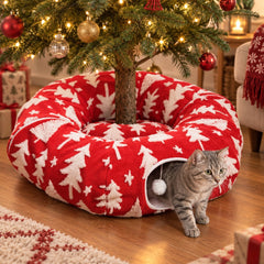 Christmas tree shaped cat tunnel pet bed, holiday cat toy, main product photo