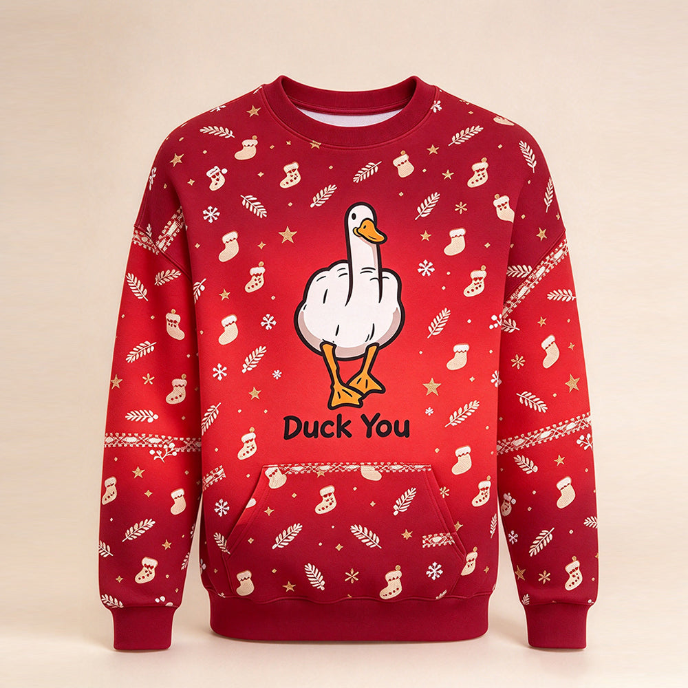 Duck You Christmas crewneck sweatshirt in candy red - all-over fair isle festive print, front view