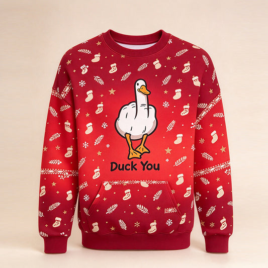 Duck You Christmas crewneck sweatshirt in candy red - all-over fair isle festive print, front view