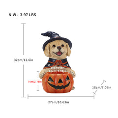 Size diagram of the labrador witch puppy candy bowl with its height, width and depth measured in inches and its weight in pounds