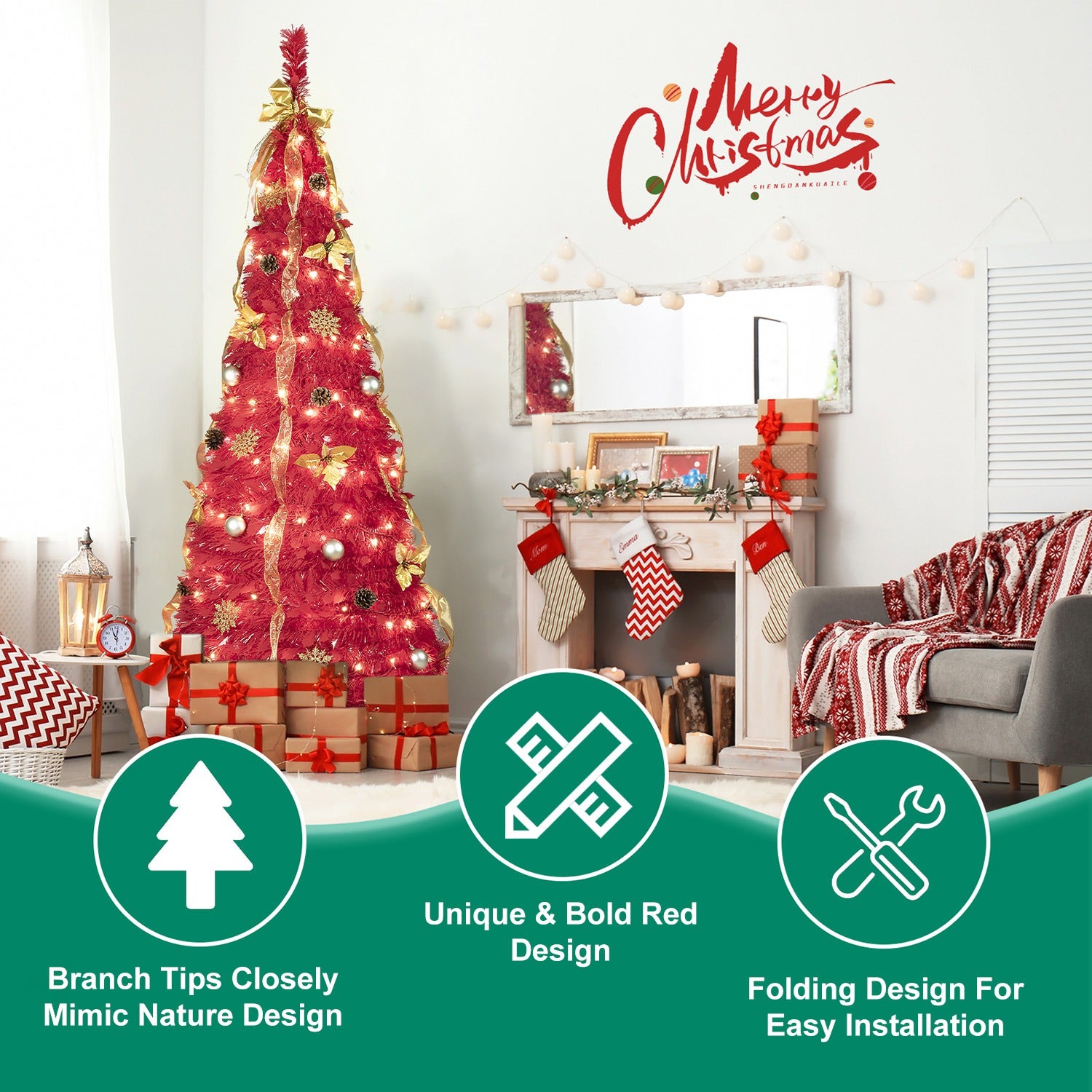 6FT Red PreLit Pop-Up Christmas Tree With 150 Warm White LED Ribbons Bow Flowers Snowflakes Pine Cones Red Ornaments Collapsible Artificial Christmas Tree IP44 Waterproof Indoor Holiday Decor OLFC0109