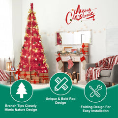 6FT Red PreLit Pop-Up Christmas Tree With 150 Warm White LED Ribbons Bow Flowers Snowflakes Pine Cones Red Ornaments Collapsible Artificial Christmas Tree IP44 Waterproof Indoor Holiday Decor OLFC0109