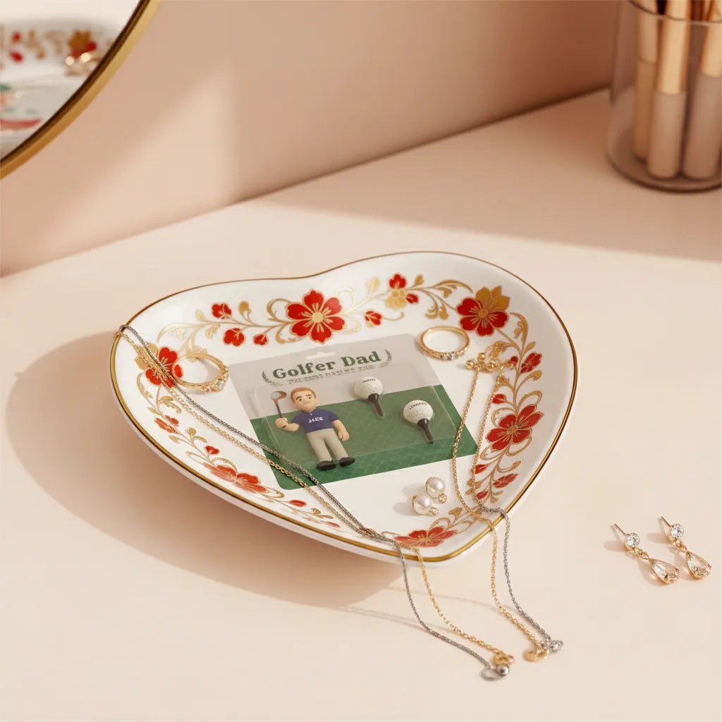Custom  Photo Ceramic Trinket Tray with Elegant Red Floral Vine Border-Golf Dad