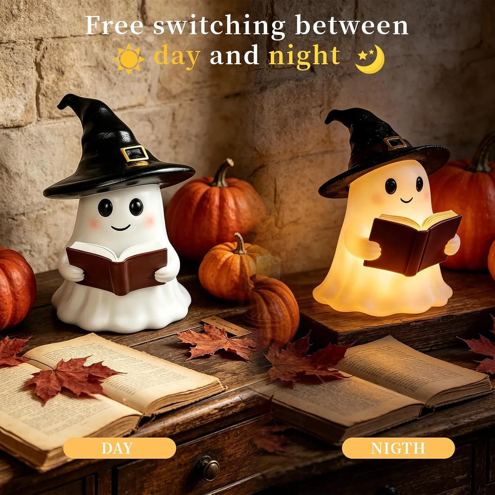 resin ghost in a witch hat holding an open book, usb powered night light - product photo 5 of 8