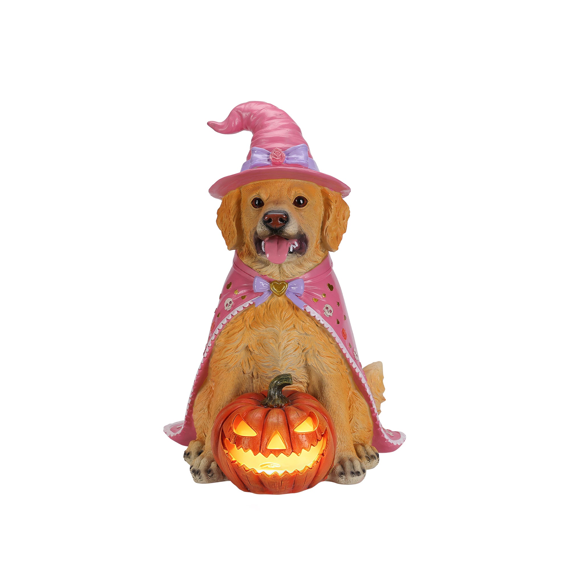Golden retriever witch statue on a plain background, front view, with the pink hat and the cape falling down its back