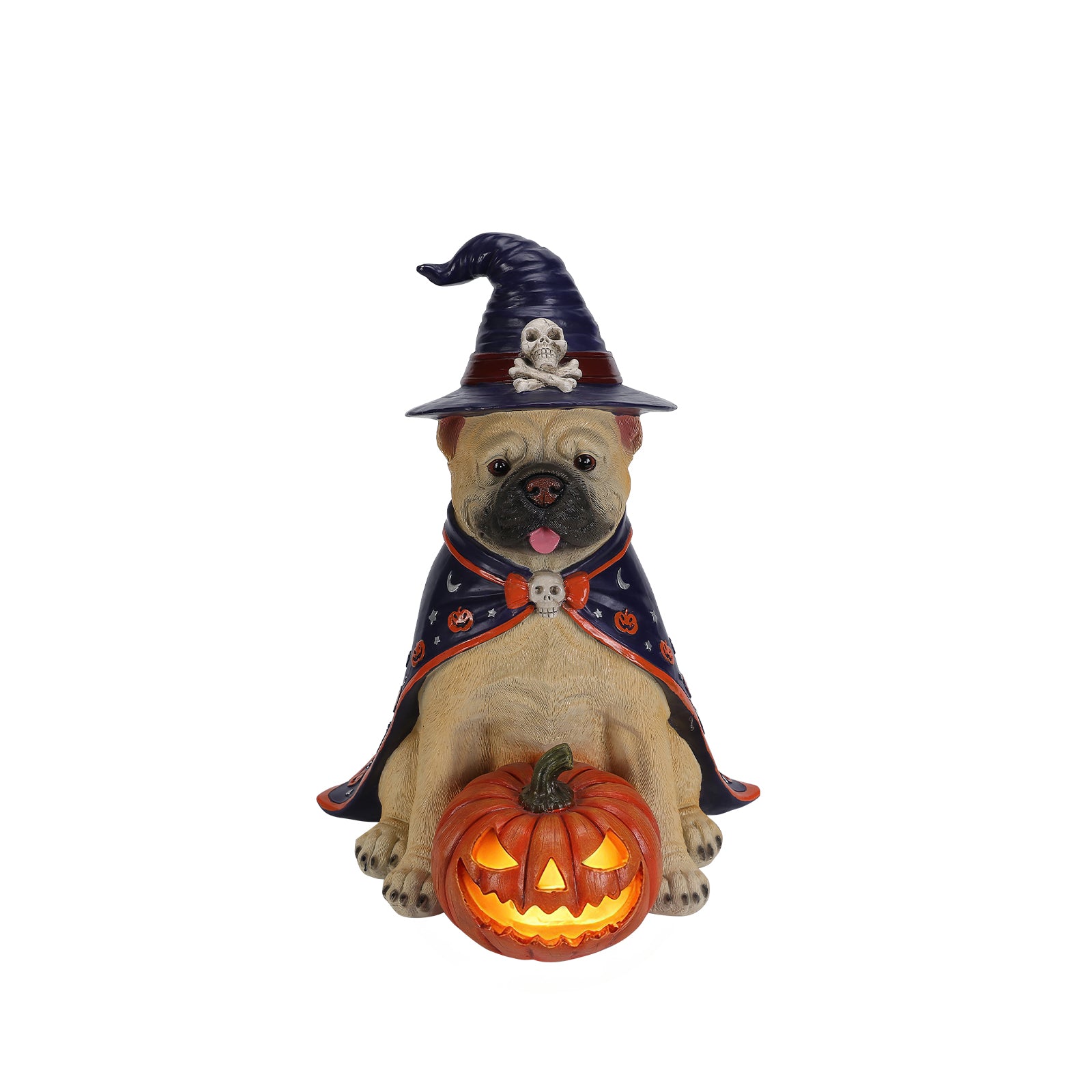 Bulldog witch statue on a plain background, from a second angle, showing the hat brim and the ears