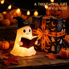 resin ghost in a witch hat holding an open book, usb powered night light One Size