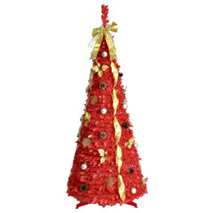 6FT Red PreLit Pop-Up Christmas Tree With 150 Warm White LED Ribbons Bow Flowers Snowflakes Pine Cones Red Ornaments Collapsible Artificial Christmas Tree IP44 Waterproof Indoor Holiday Decor OLFC0109