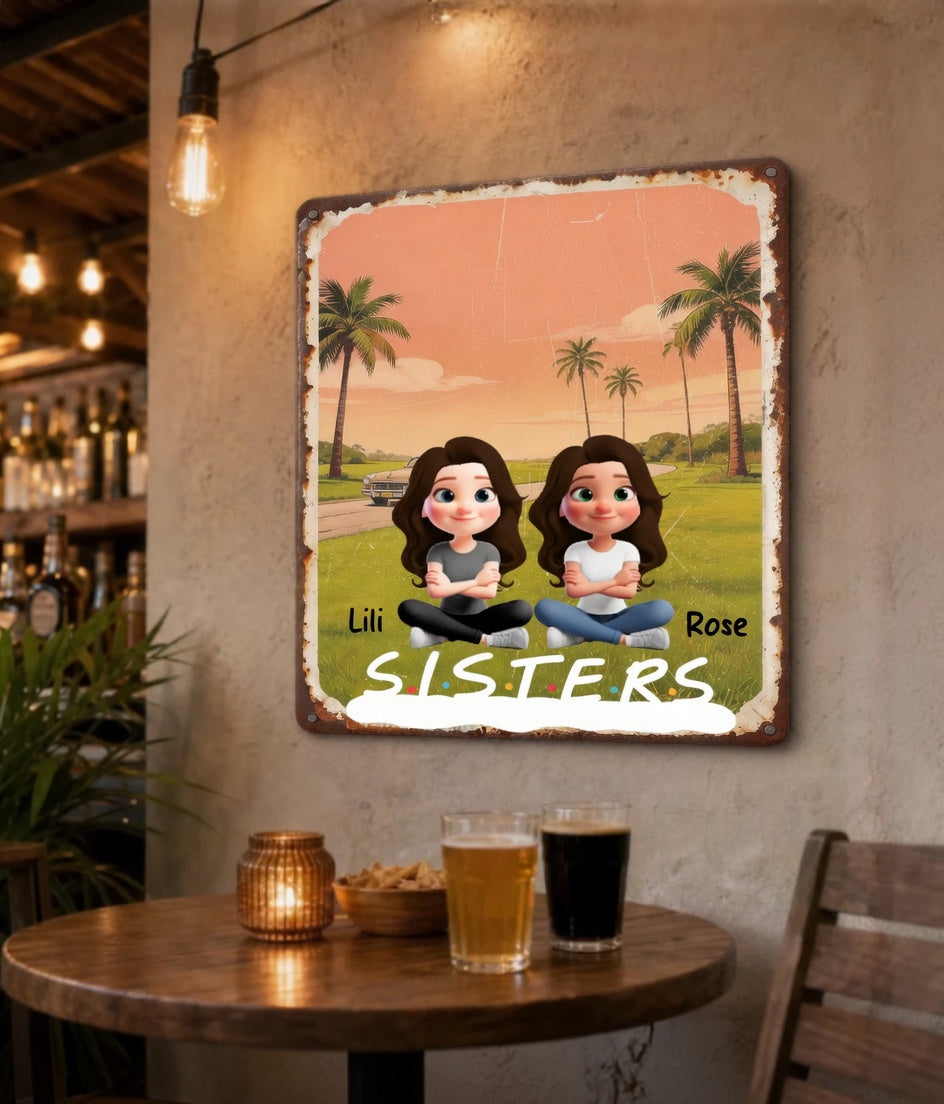 Customized retro distressed rusted-edge palm tree scene metal signboard