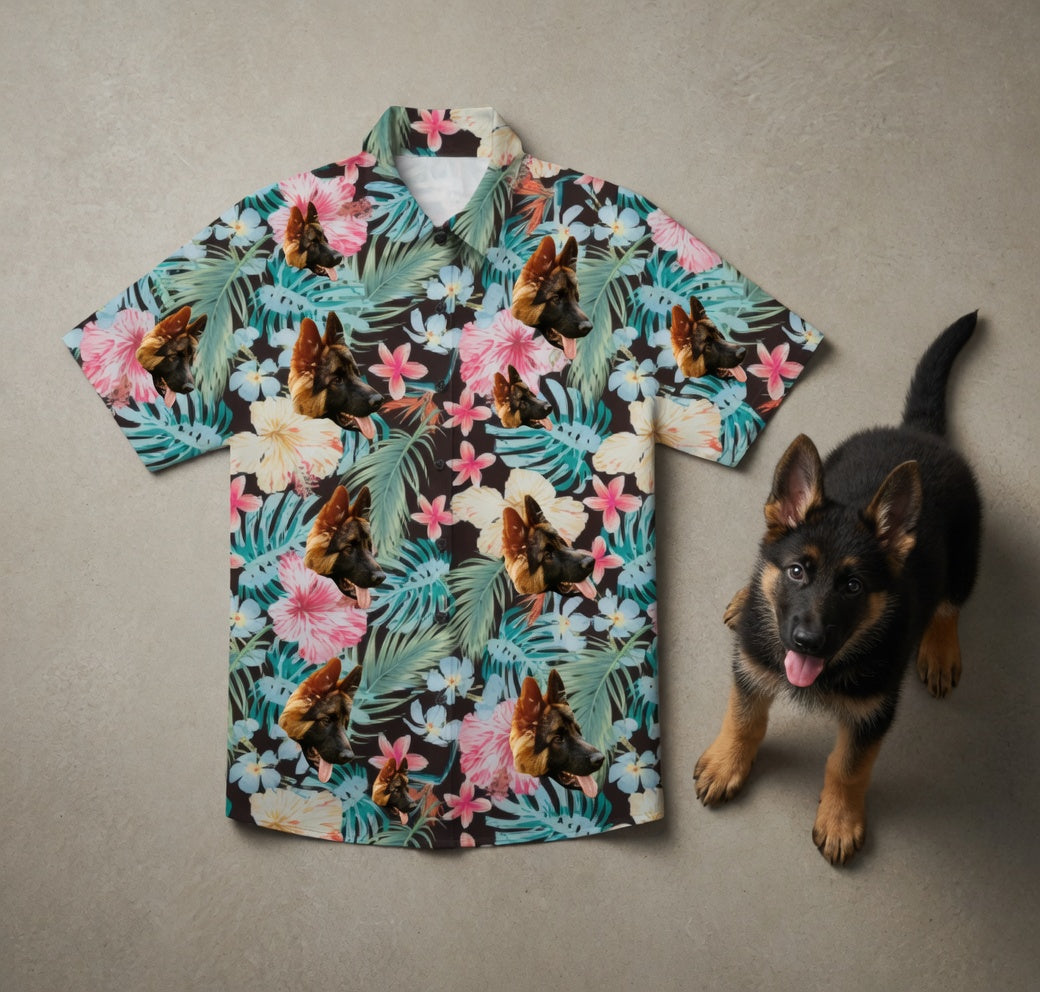 Watercolor Hibiscus & Monstera Black Hawaiian Shirt