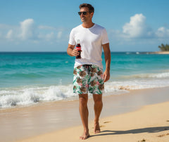 White Swim Shorts with Green Monstera & Pink Hibiscus Print