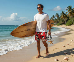 Red Hawaiian Swim Trunks with Cream Hibiscus Print