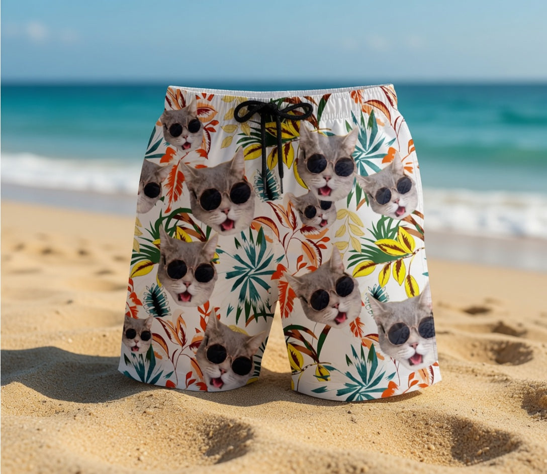 Vibrant Tropical Leaf Print White Swim Shorts