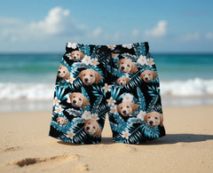 Black Hawaiian Swim Trunks with Blue Leaves & White Plumeria Print