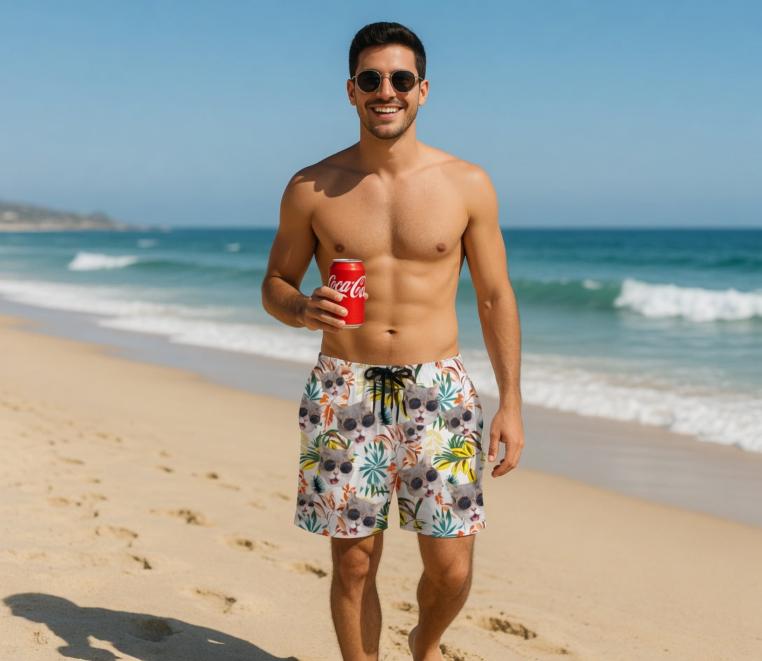 Vibrant Tropical Leaf Print White Swim Shorts