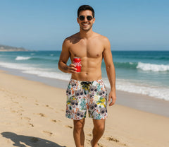 Vibrant Tropical Leaf Print White Swim Shorts