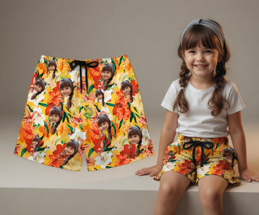 Custom Photo Hawaiian Shorts – Personalized Pink Floral & Tropical Palm Beach Trunks – Unique DIY Summer Vacation Gift