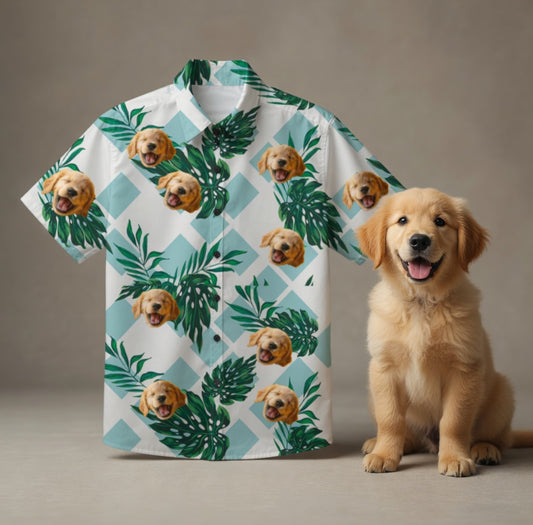 Custom Photo Hawaiian Shirt – Personalized Blue Lagoon Floral & Monstera Leaf Tee – Unique DIY Island Style Summer Gift