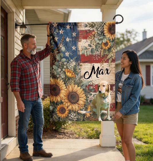 Custom Sunflower Vintage American Garden Flag, Distressed Rustic Patriotic Yard Flag Customizable Farmhouse Outdoor Decor