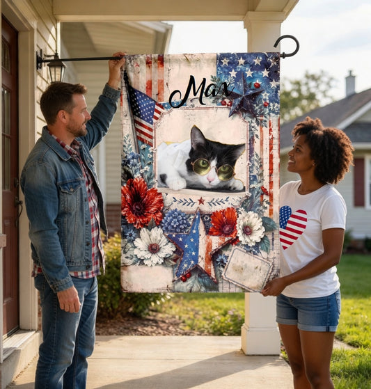 Custom Blank Vintage Patriotic Garden Flag, Rustic Star Floral American Flag Custom Text Personalized Yard Decor