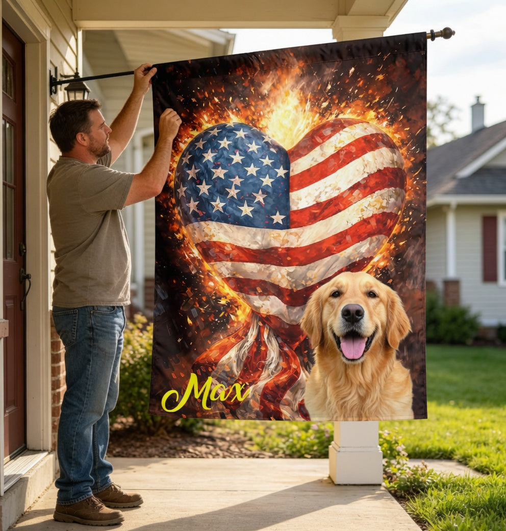 Custom Fire Heart Shaped American Flag Garden Flag, Grunge Patriotic Love USA Yard Banner Customizable 4th of July Decor