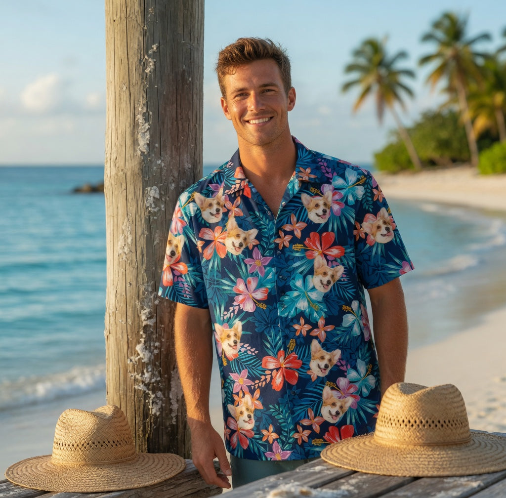 Custom Photo Hawaiian Shirt – Personalized Sunset Orange Floral & Palm Design – Unique DIY Tropical Beach Holiday Tee