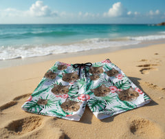 White Swim Shorts with Green Monstera & Pink Hibiscus Print