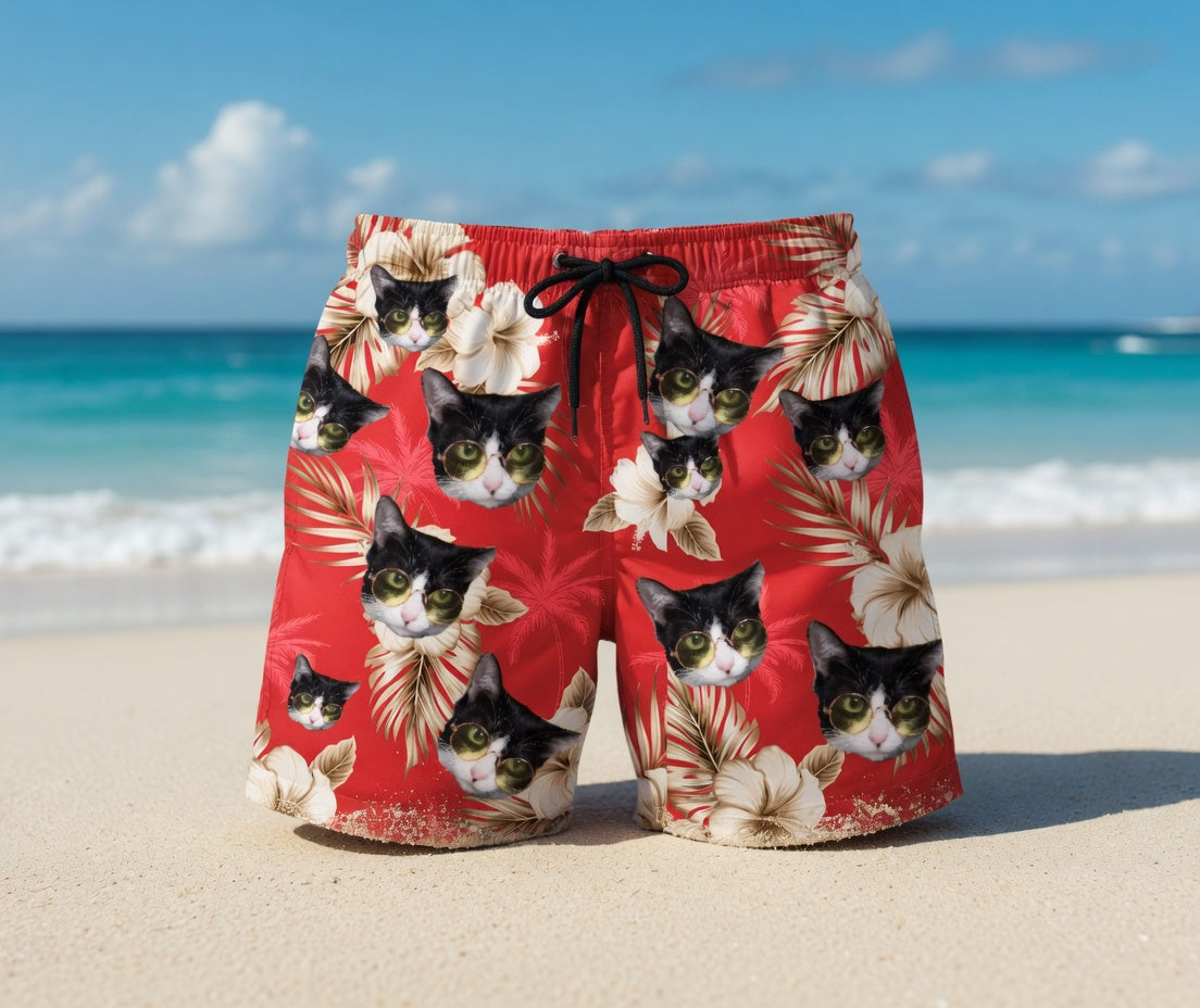 Red Hawaiian Swim Trunks with Cream Hibiscus Print