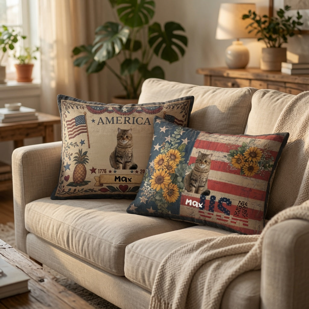 Personalized Vintage USA Flag Custom Cat Pillow